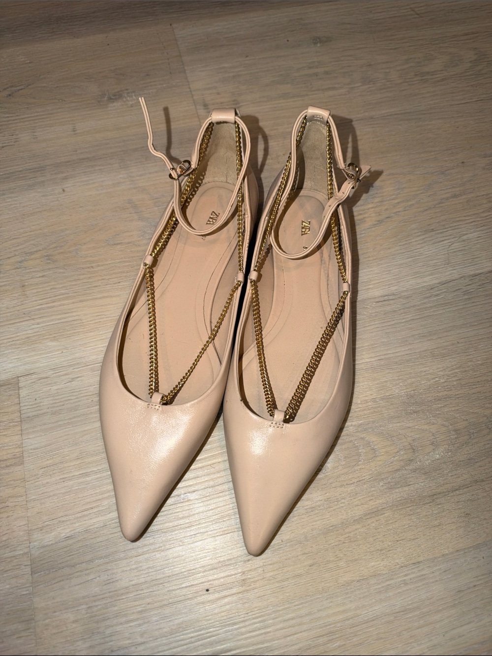 Zara Nude Pointed Toe Chain-Strap Flats